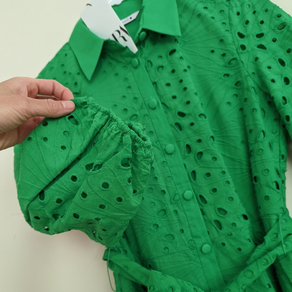 ZARA EMBROIDERED EYELET RUFFLED SHORT DRESS GREEN - Picture 9 of 16